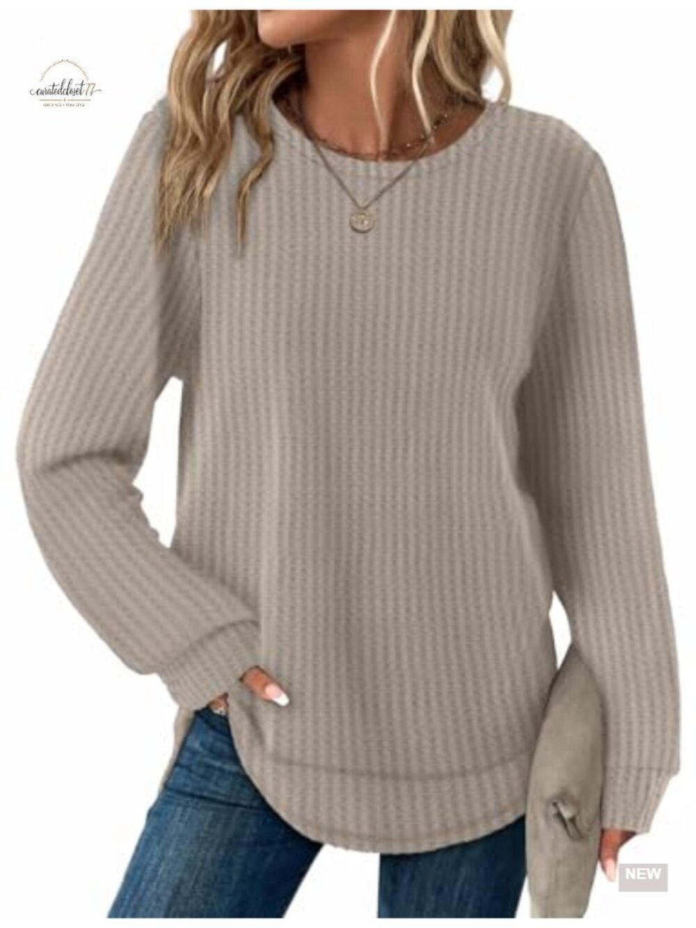 Waffle Knit Tunic Top Long Sleeve Curved Hem Pullover Shirt